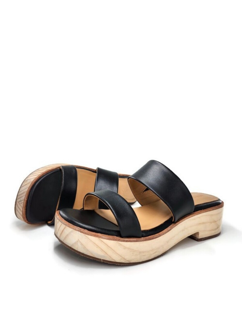 Nisolo Ellie The All-Day Double Black Leather Straps Slide-On Wood Clog Sandals